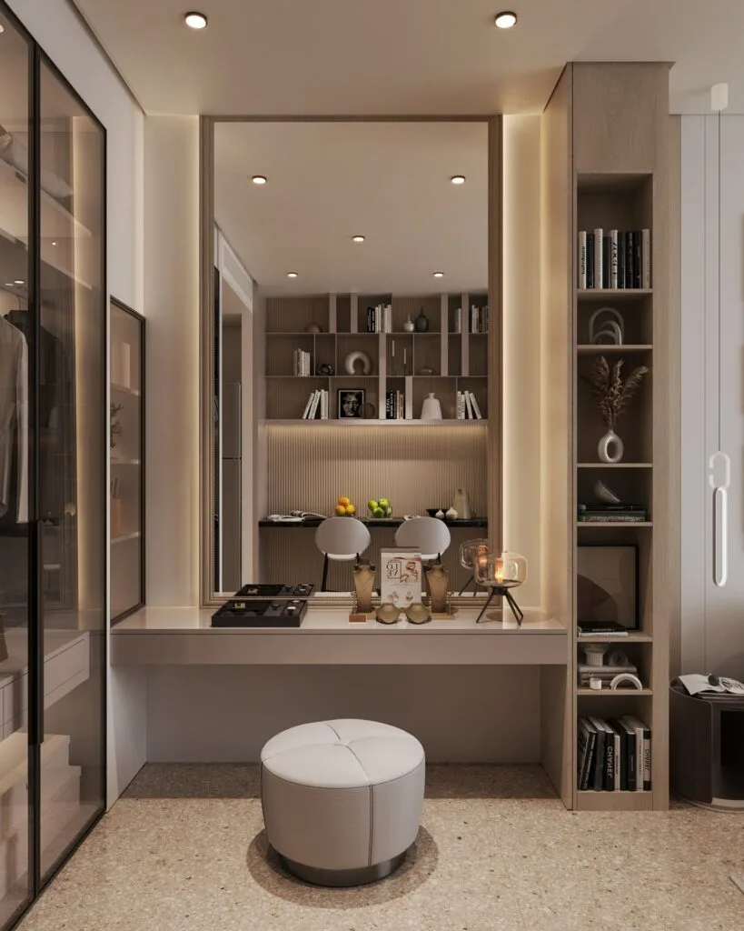 Interior view of a one bedroom apartment dressing area