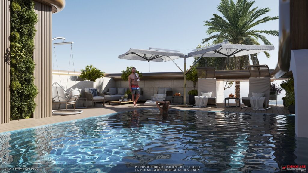 Outdoor swimming pool with seating and umbrella