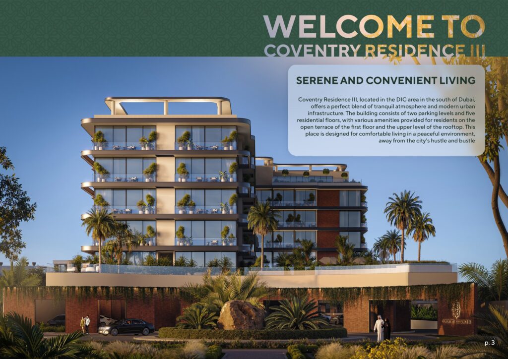 Exterior render of mid-rise residential building with balconies and greenery