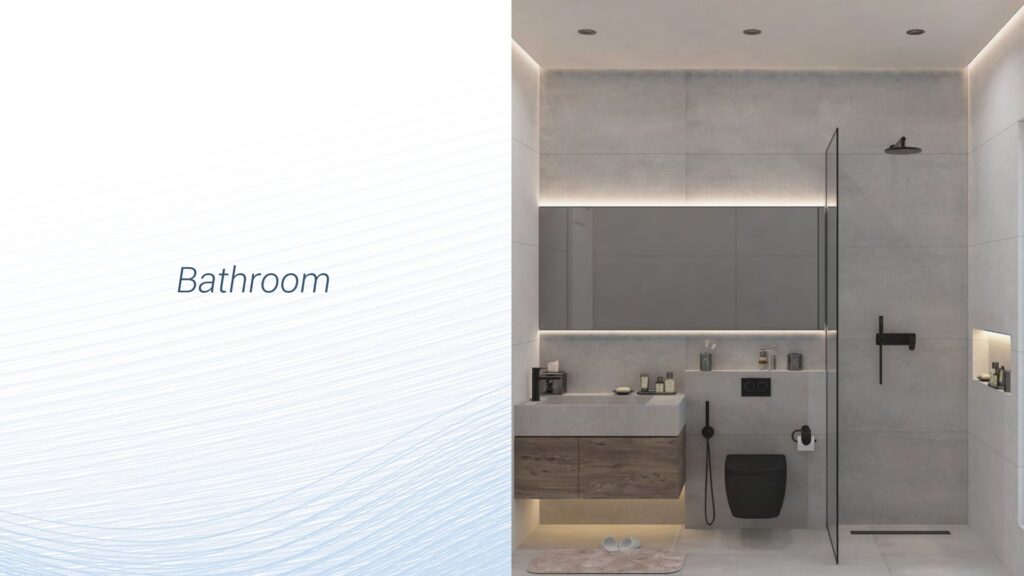 Modern bathroom interior with shower, sink, and toilet