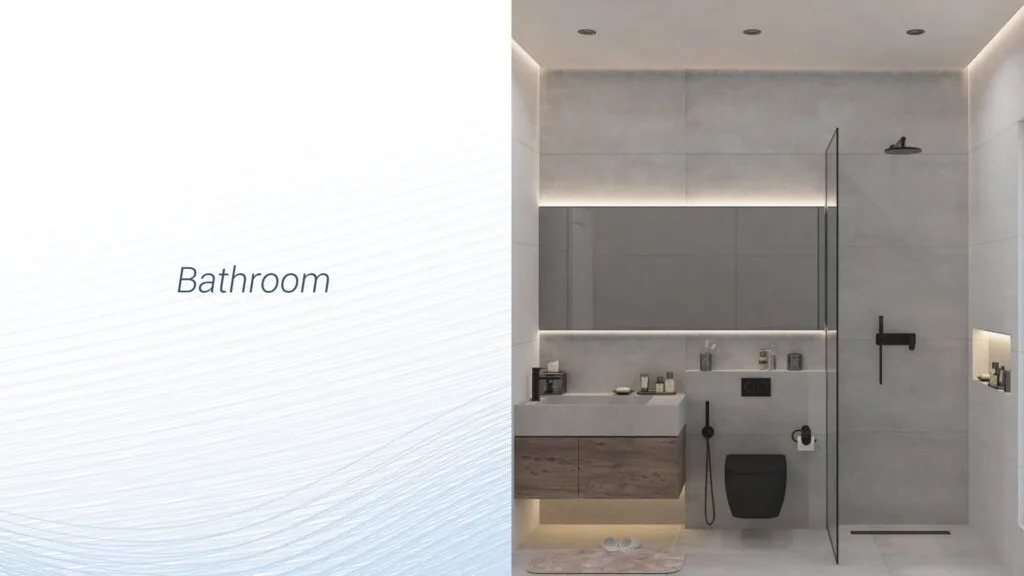 Modern bathroom interior with shower, sink, and toilet