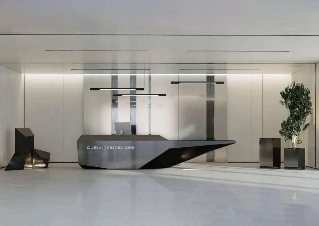 Four interior views of modern lobby and innovation hub spaces