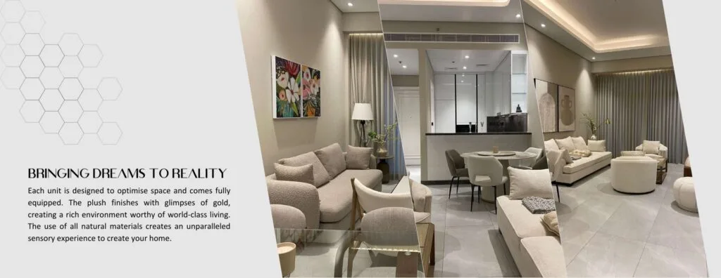 Interior view of a modern living and dining area with neutral tones
