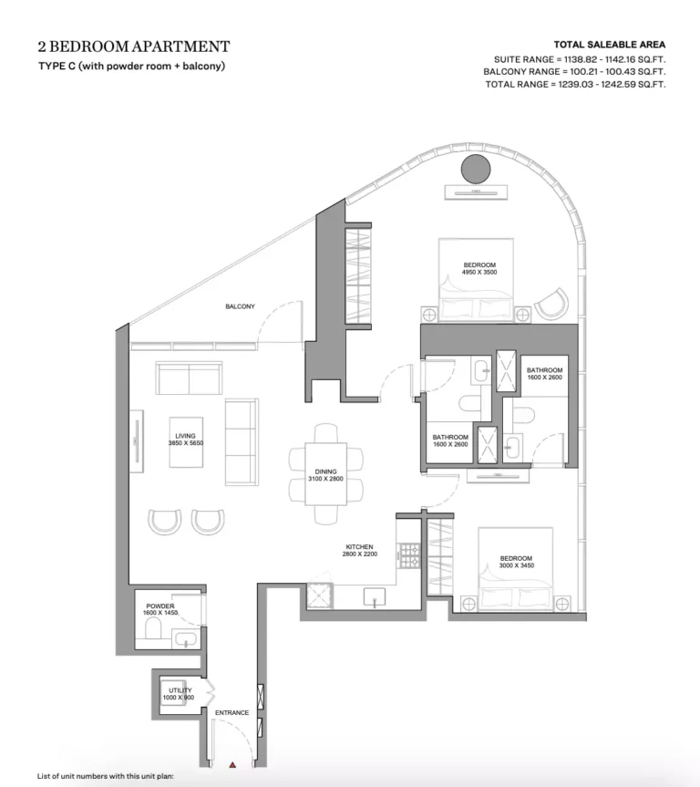 Skyvue Stellar floor plan 2-спальн. · 1239 sqft