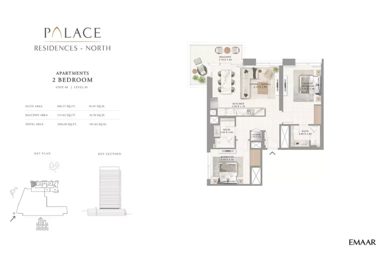 Palace Residences North floor plan 2 BR · 1096 sqft