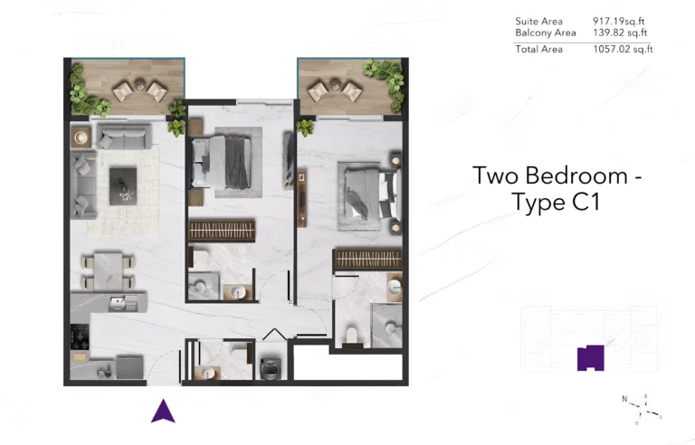 Amethyst by Siroya floor plan 2-спальн. · 1057 sqft