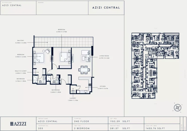Azizi Central floor plan 2-спальн. · 1433 sqft