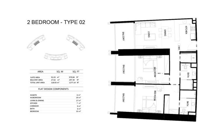 Binghatti Skyrise floor plan 2 BR · 1277 sqft