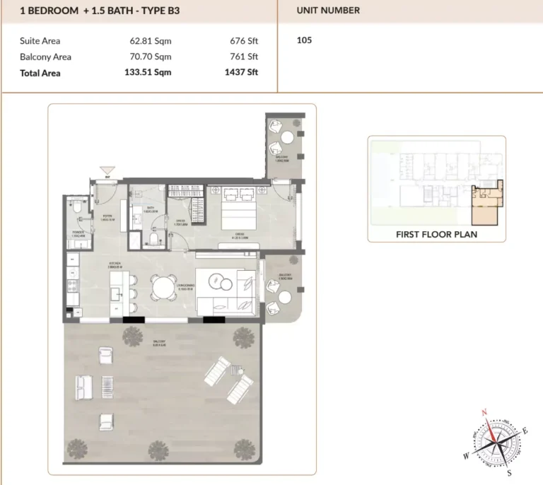 ENSO Amber floor plan 1-спальн. · 1437 sqft