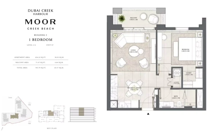 Moor at Creek Beach floor plan 1-спальн. · 705 sqft