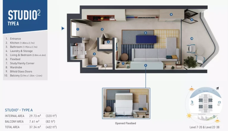 Rove Home Dubai Marina floor plan Студия · 402 кв. фут