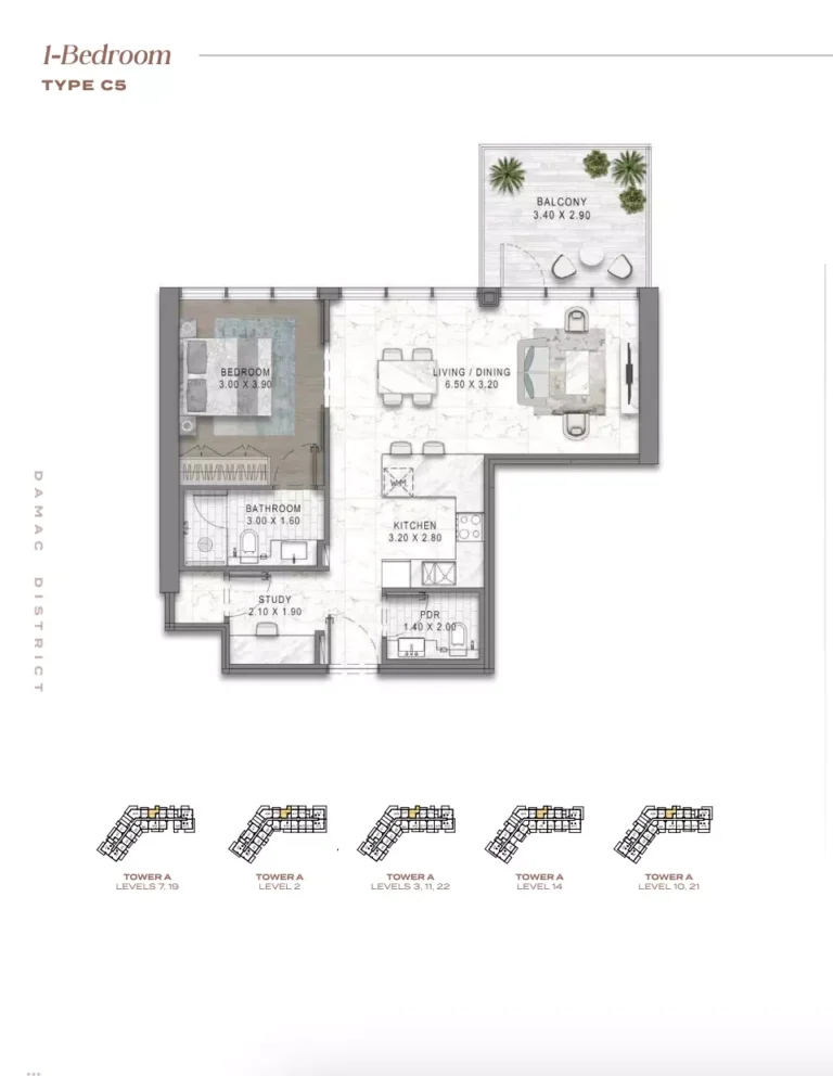 Damac District floor plan 1-спальн.