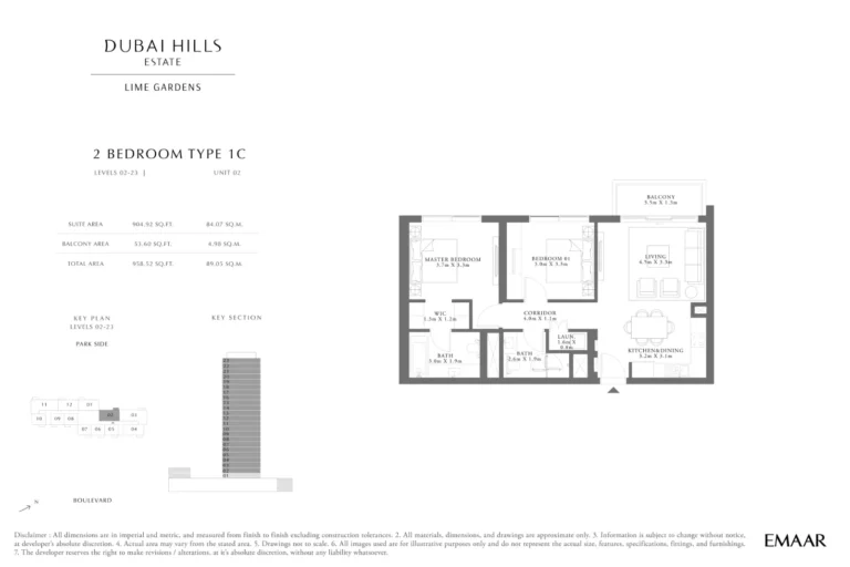 Lime Gardens floor plan 2 BR · 958 sqft