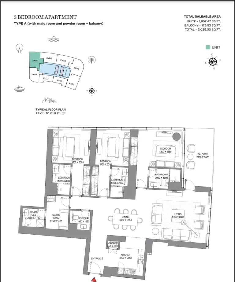 Sobha Seahaven floor plan 3 BR · 2029 sqft