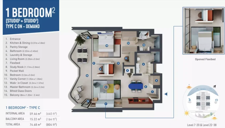 Rove Home Dubai Marina floor plan 1-спальн. · 804 кв. фут