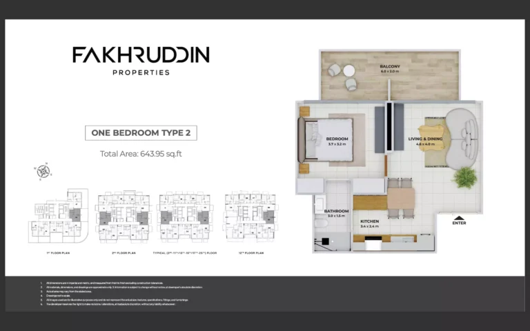 Treppan Tower floor plan 1 BR · 644 sqft