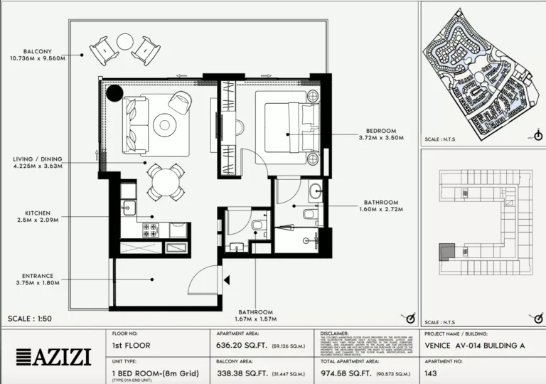 Azizi Venice 14 floor plan 1-спальн. · 974 sqft