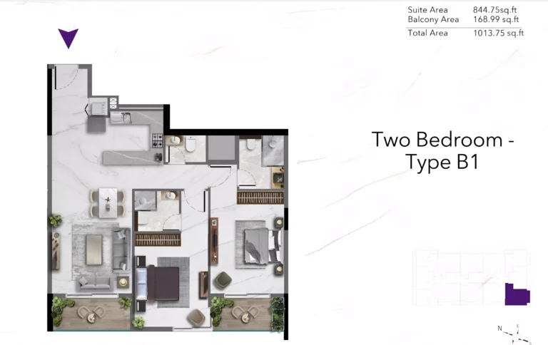 Amethyst by Siroya floor plan 2-спальн. · 1014 sqft