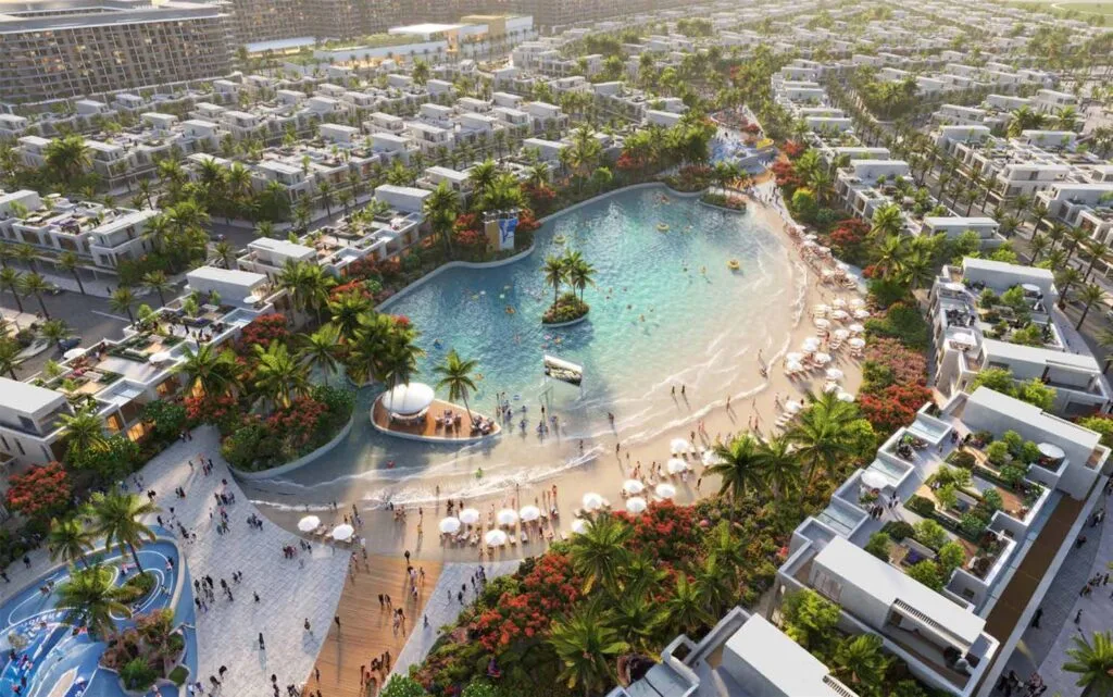 Aerial view of residential area with central lagoon and beach
