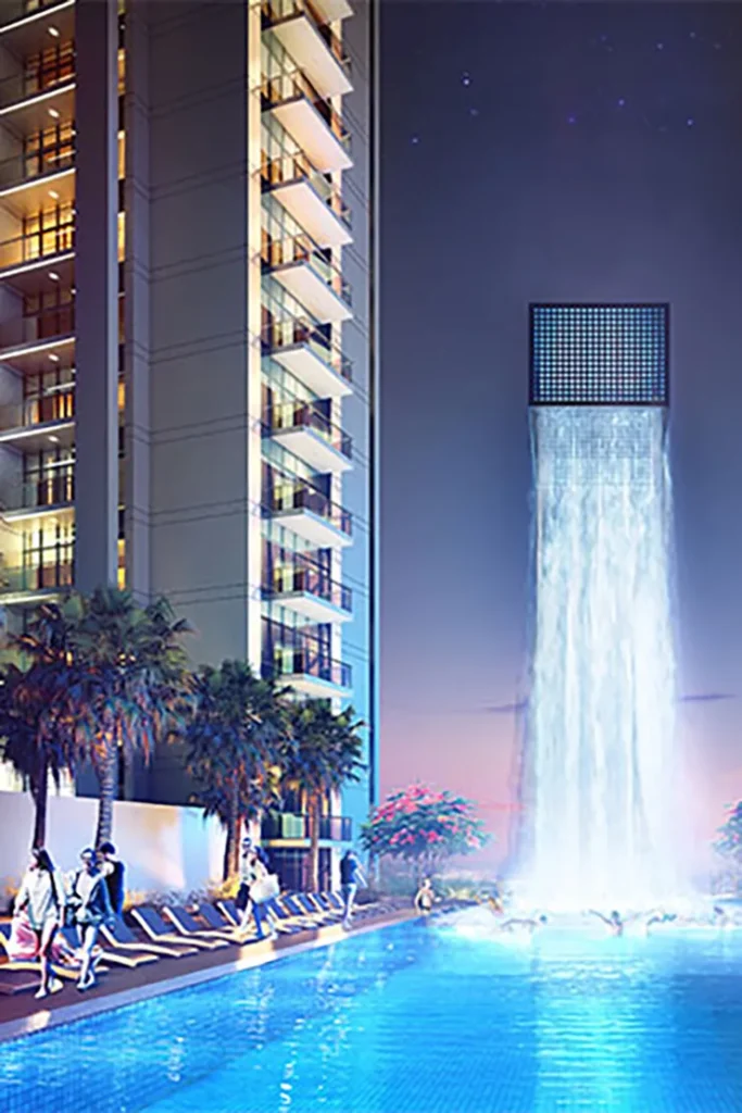 night render with pool and waterfall, Damac Hills Golf Gate 1, Damac Hills, Dubai