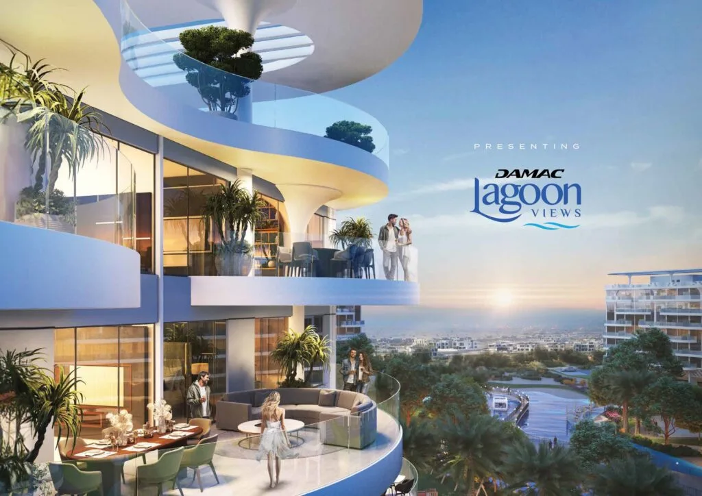 Curved balcony exterior with plants and city view at sunset