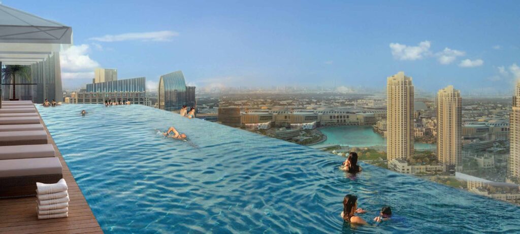 Бассейн с видом на город Paramount Tower Hotel & Residences район Business Bay Дубай