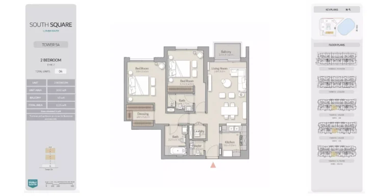 South Square floor plan 2-спальн. · 1135 sqft