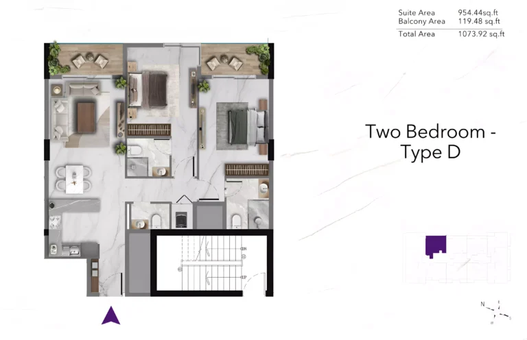 Amethyst by Siroya floor plan 2-спальн. · 1074 sqft