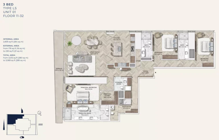 Mr. C Residences Downtown floor plan 3-спальн. · 3069 sqft