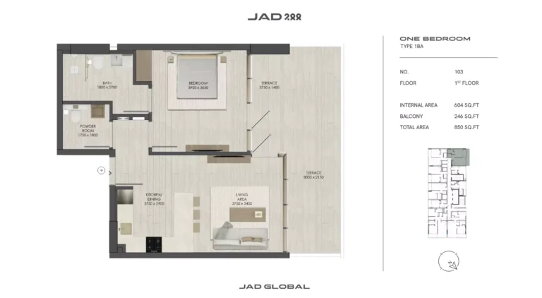 JAD 288 floor plan 1 BR · 855 sqft