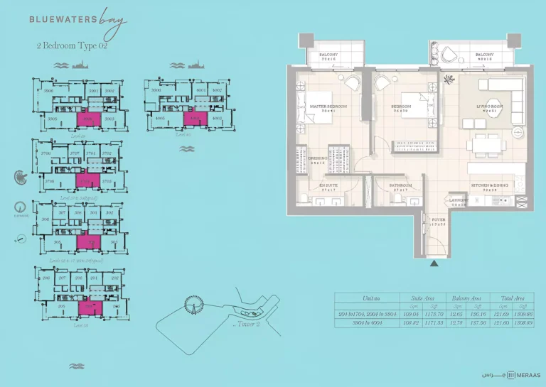 Bluewaters Bay floor plan 2-спальн. · 1308 sqft