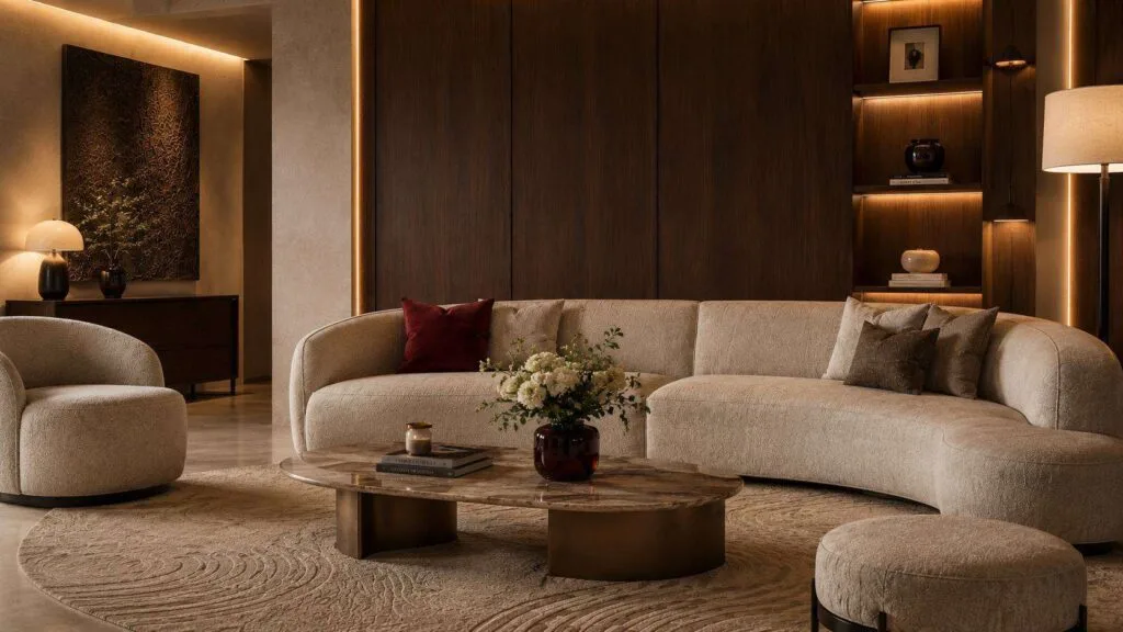curved beige sofa and round wooden coffee table in living room