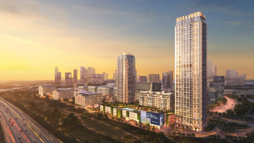 Design Quarter by Meraas in Dubai Design District, Dubai — Aerial view of illuminated towers and surrounding development