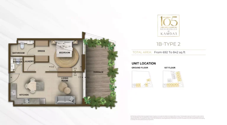 105 Residences by Kamdar floor plan 1-спальн. · 692 sqft