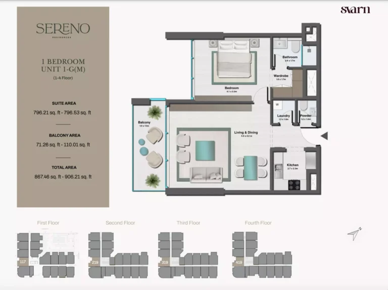Sereno Residences floor plan 1 BR · 906 sqft