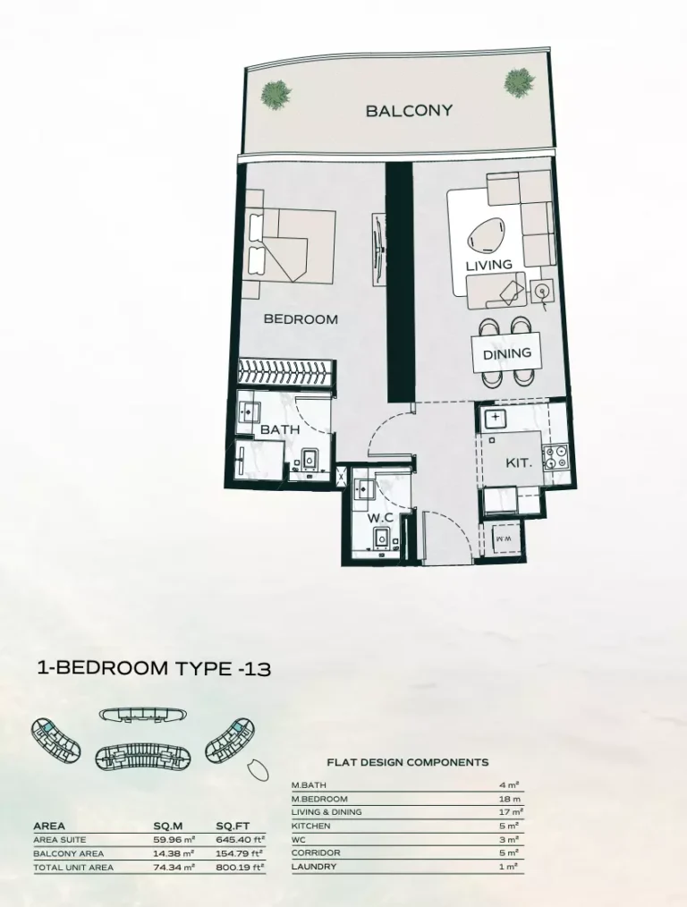 Binghatti Aquarise floor plan 1 BR · 800 sqft