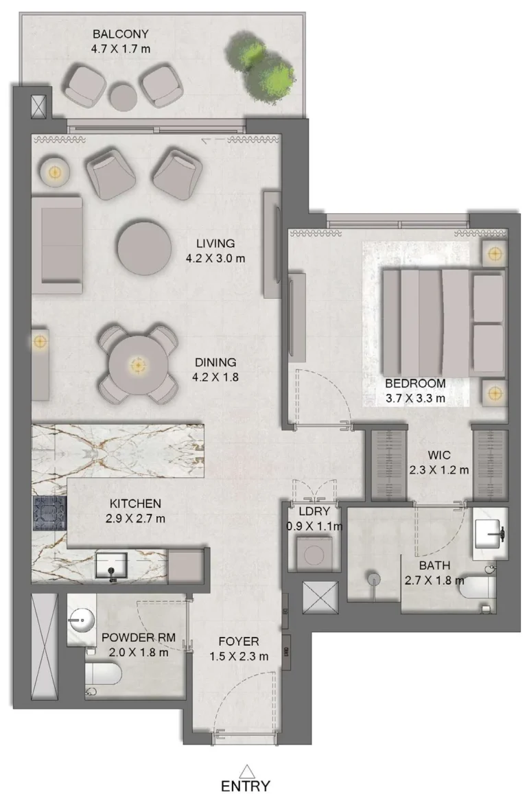 Distrikt floor plan 1 BR