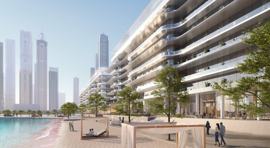 Modern beachfront residential building with trees and seating
