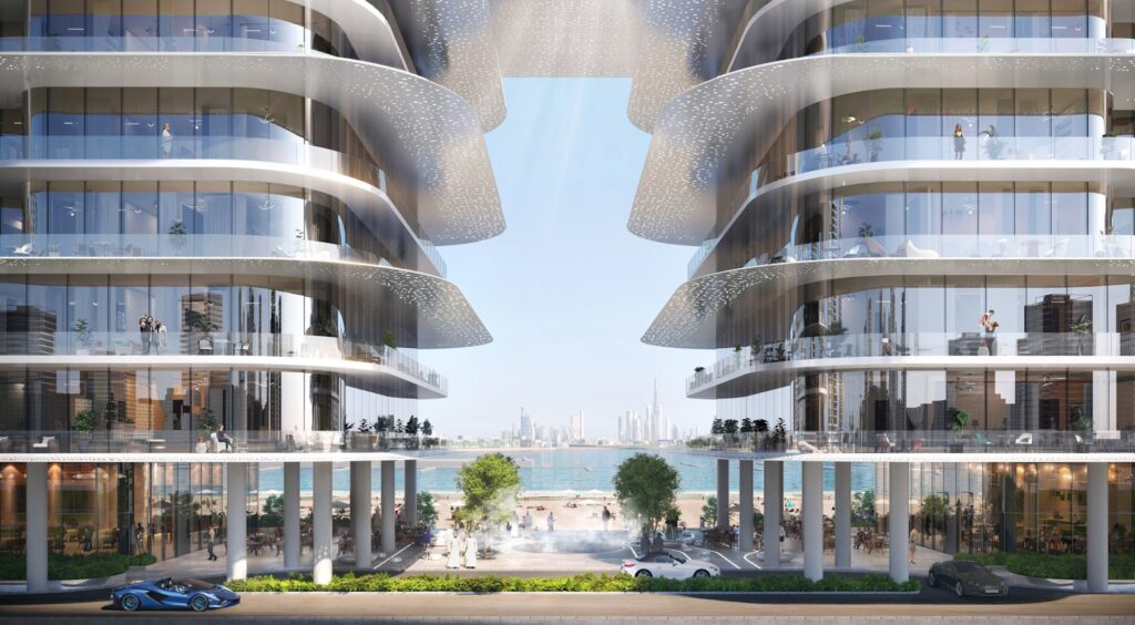 Modern waterfront buildings with curved balconies and sea view