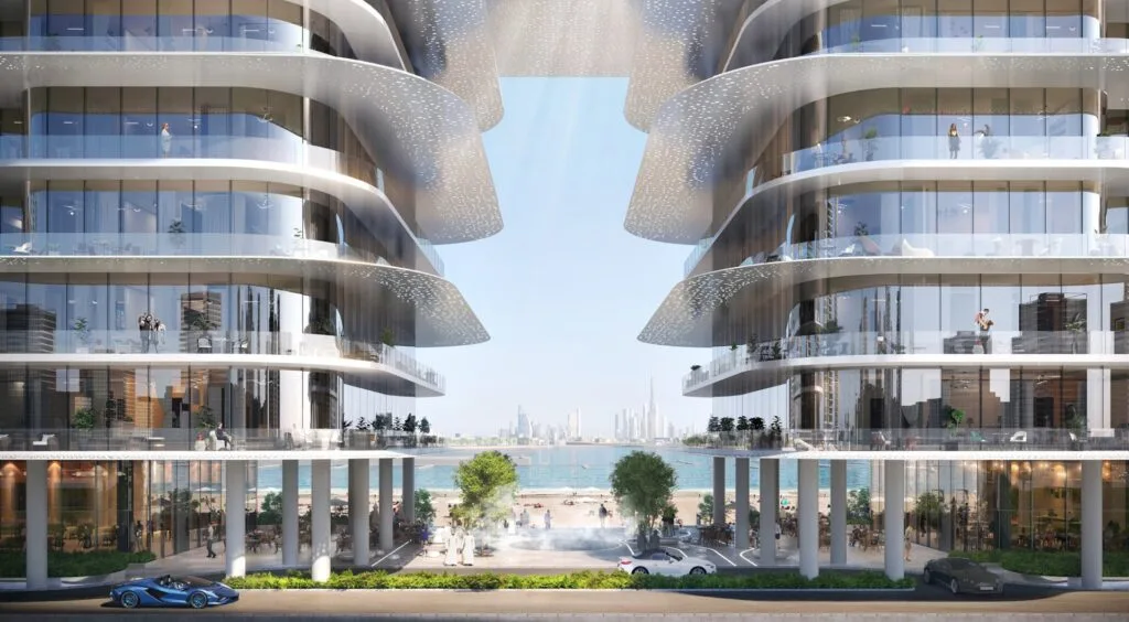 Modern waterfront buildings with curved balconies and sea view