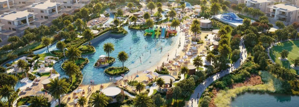 Aerial view of a residential community with pool and palm trees
