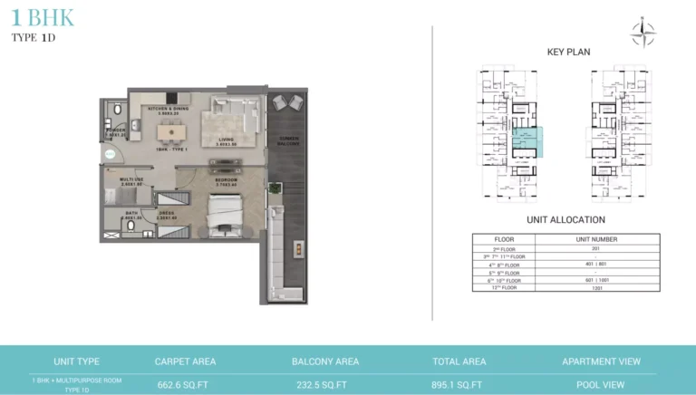 Reef 999 floor plan 1-спальн. · 895 sqft