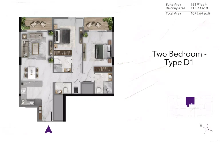 Amethyst by Siroya floor plan 2-спальн. · 1076 sqft