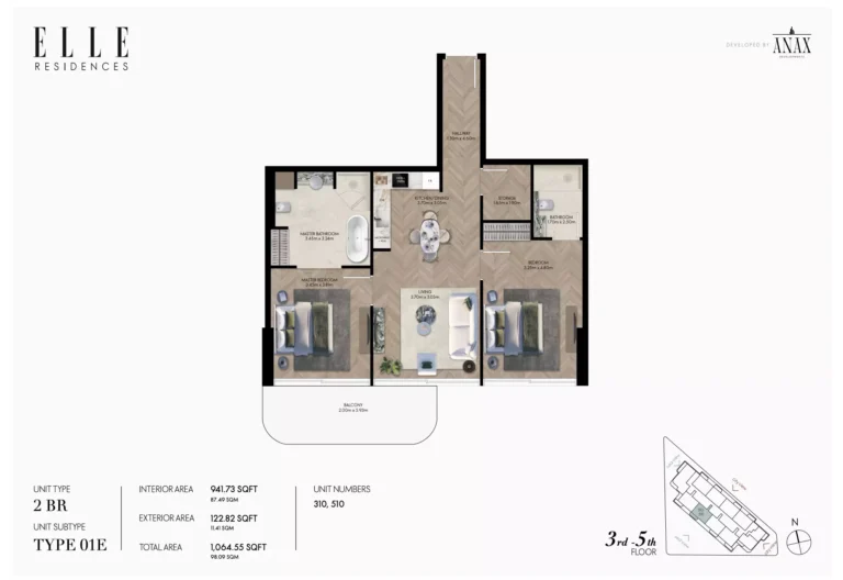 Elle Residences floor plan 2 BR · 1064 sqft