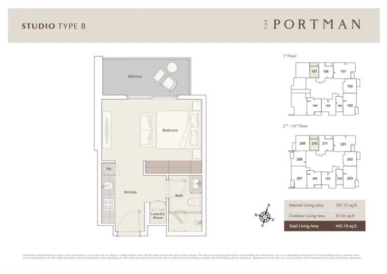 The Portman floor plan Studio · 445 sqft
