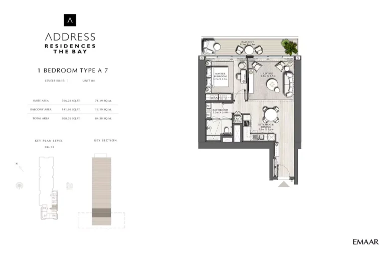 Address Residences The Bay floor plan 1-спальн. · 908 sqft