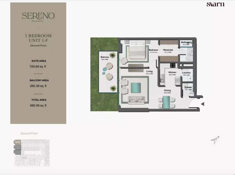 Sereno Residences floor plan 1 BR · 990 sqft
