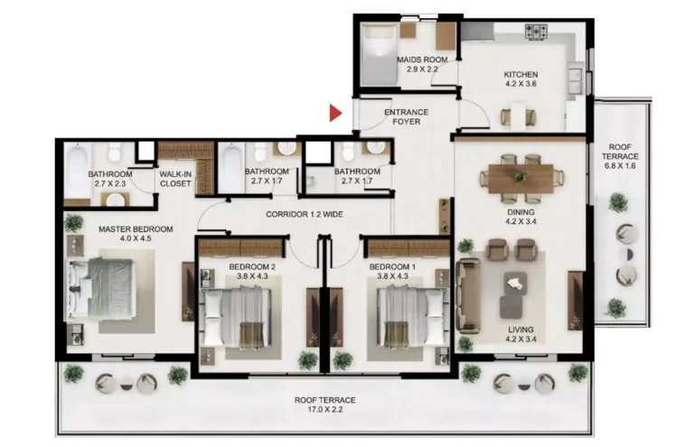 Allura Residences floor plan 3-спальн. · 1280 sqft