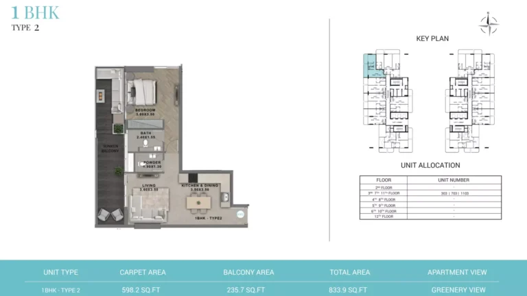 Reef 999 floor plan 1-спальн. · 834 sqft