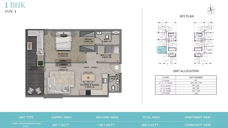 Reef 999 floor plan 1-спальн. · 806 sqft